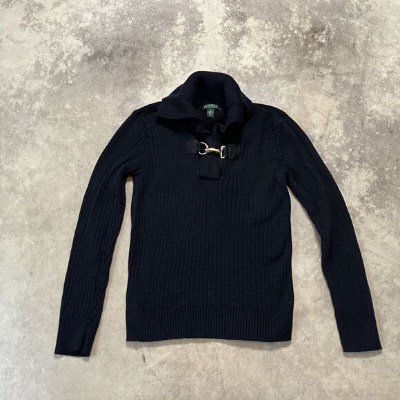 Ralph Lauren Sweater‎ Womens Medium Ribbed Black Collared Basic Preppy - Picture 1 of 8